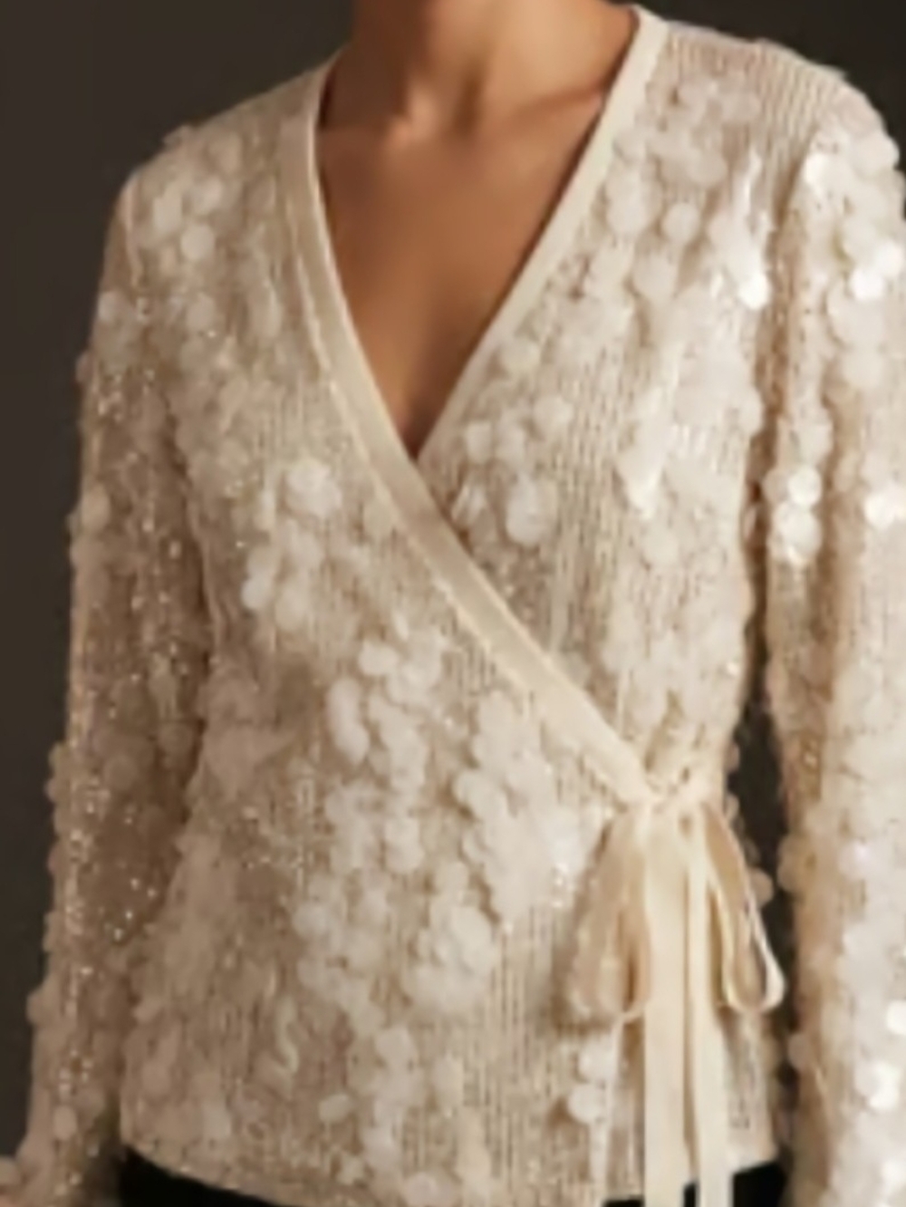 Wrap-Front Sequin Floral Sweater Top - Cream